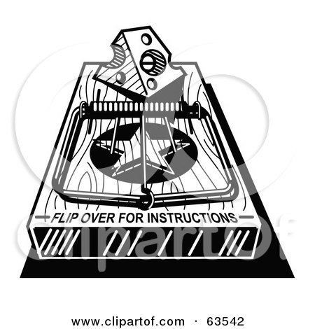 Royalty-Free (RF) Clipart Illustration of a Black And White Mousetrap With A Piece Of Cheese And Text Reading Flip Over For Instructions by Andy Nortnik
