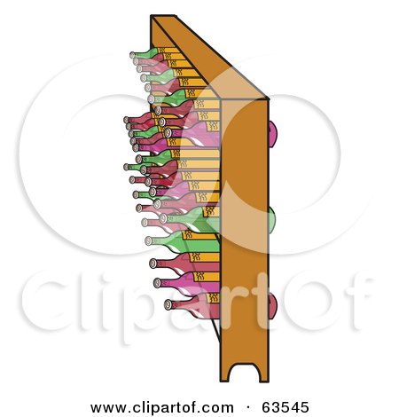 Royalty-Free (RF) Clipart Illustration of a Wooden Rack Of Green And Red Wine Bottles by Andy Nortnik