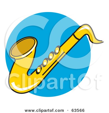 Royalty-Free (RF) Clipart Illustration of a Shiny Gold Saxophone Over Blue by Andy Nortnik