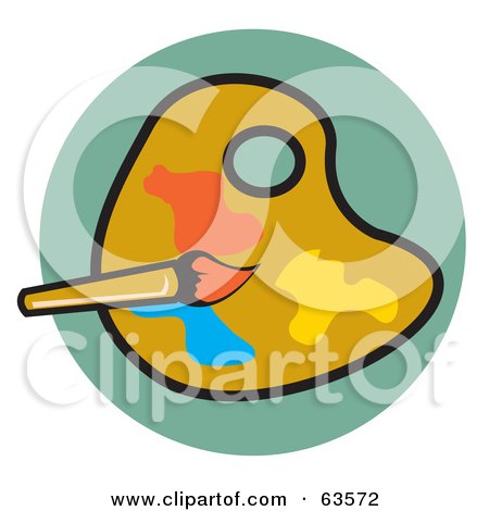 Royalty-Free (RF) Clipart Illustration of a Paintbrush Over Orange, Blue And Yellow Paints On A Palette by Andy Nortnik