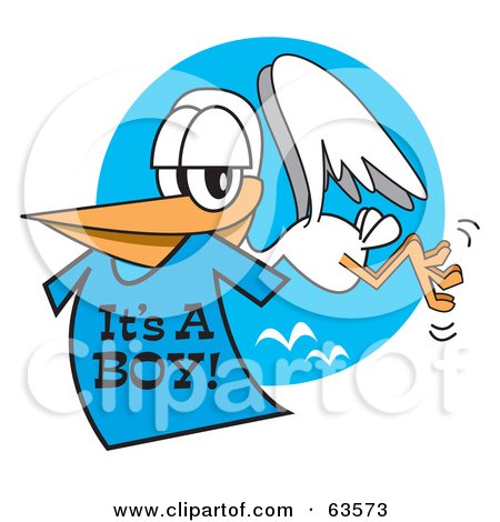 Royalty-Free (RF) Clipart Illustration of a White Stork Flying With A Blue Its A Boy Shirt In Its Beak by Andy Nortnik