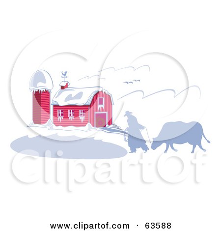 Royalty-Free (RF) Clipart Illustration of a Rancher And His Cow Silhouetted In The Winter Near A Snow Covered Barn by Andy Nortnik