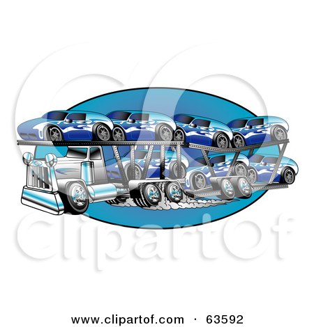Royalty-Free (RF) Clipart Illustration of a Big Rig Transporting Racks Of Blue Cars by Andy Nortnik