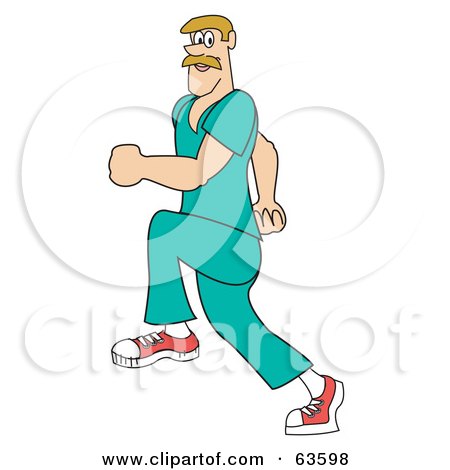 Royalty-Free (RF) Clipart Illustration of a Running Blond Male Nurse In Green Scrubs by Andy Nortnik