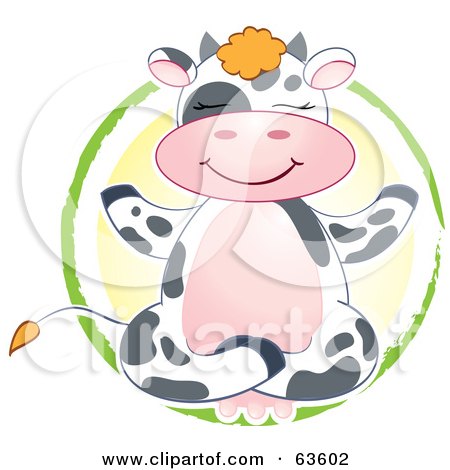 Royalty-Free (RF) Clipart Illustration of a Happy Dairy Cow Meditating In A Yellow And Green Circle by Alexia Lougiaki