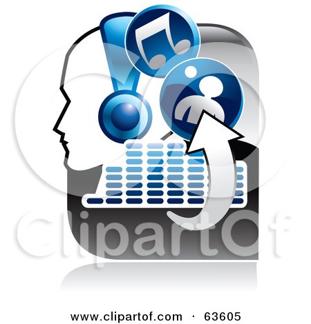 Royalty-Free (RF) Clipart Illustration of a Blue And Gray Music Button Of A Person Wearing Headphones, Arrows, Equalizer, And Music Notes by Alexia Lougiaki