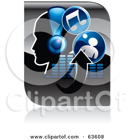 Royalty-Free (RF) Clipart Illustration of a Blue And Black Music Button Of A Person Wearing Headphones, Arrows, Equalizer, And Music Notes by Alexia Lougiaki