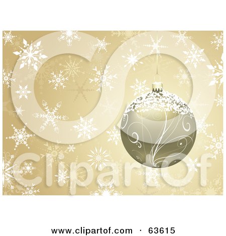 Royalty-Free (RF) Clipart Illustration of a Golden Christmas Background Of An Ornament With White Snowflakes by KJ Pargeter