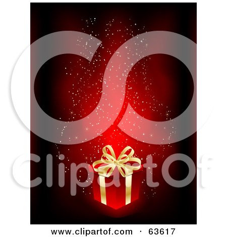 Royalty-Free (RF) Clipart Illustration of a Red Christmas Box With Gold Ribbons On A Red Sparkling Background by KJ Pargeter