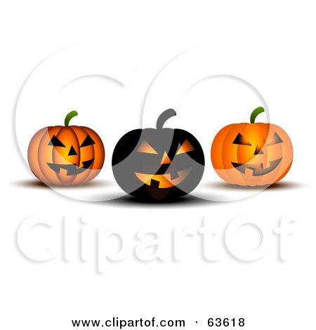 Royalty-Free (RF) Clipart Illustration of Three Black And Orange Spooky Halloween Pumpkins by KJ Pargeter