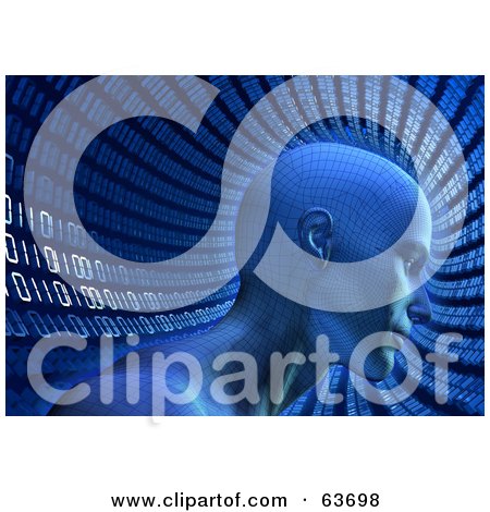 Royalty-Free (RF) Clipart Illustration of a 3d Virtual Person In Front Of A Blue Binary Code Tunnel by Tonis Pan