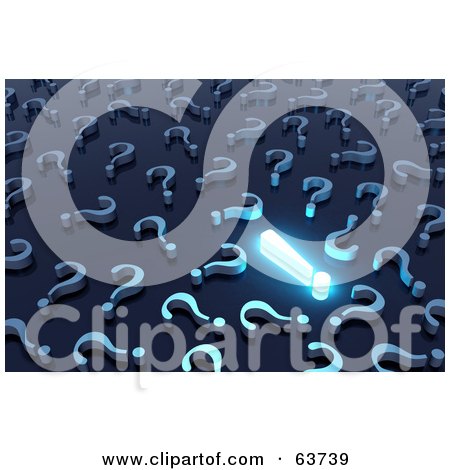 Royalty-Free (RF) Clipart Illustration of a 3d Glowing Exclamation Point Surrounded By Question Marks by Tonis Pan
