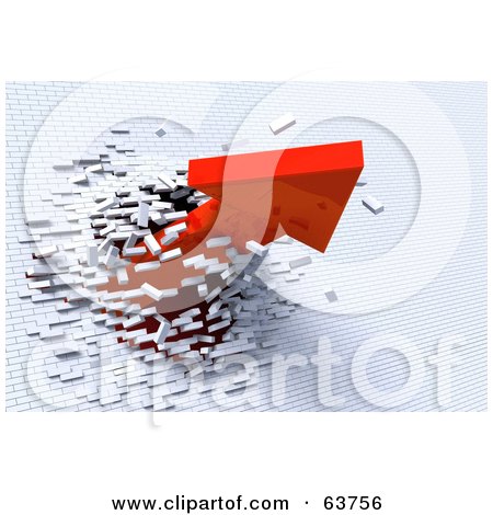 Royalty-Free (RF) Clipart Illustration of a 3d Red Arrow Breaking Through A White Brick Wall by Tonis Pan