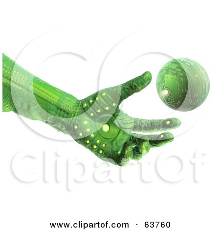 Royalty-Free (RF) Clipart Illustration of a 3d Green Circuit Hand Reaching To A Floating Globe by Tonis Pan