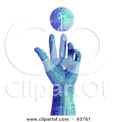 Royalty-Free (RF) Clipart Illustration of a 3d Blue Circuit Hand Reaching To A Floating Globe by Tonis Pan