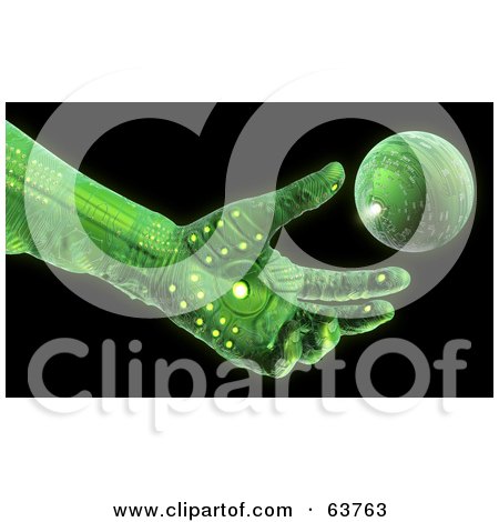 Royalty-Free (RF) Clipart Illustration of a 3d Green Cyber Circuit Hand Reaching To A Floating Globe by Tonis Pan