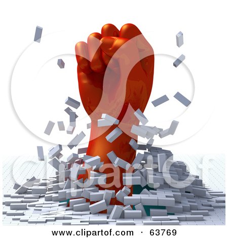 Royalty-Free (RF) Clipart Illustration of a 3d Red Fist Punching Through A Brick Floor by Tonis Pan