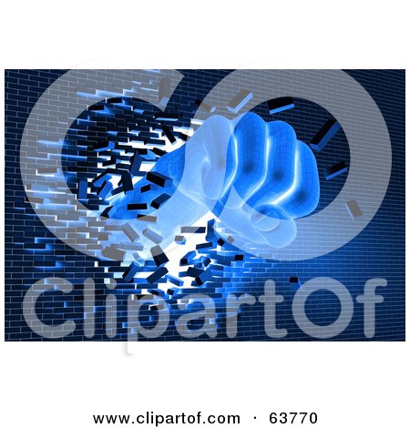 Royalty-Free (RF) Clipart Illustration of a Blue Hand Breaking Through A Brick Wall by Tonis Pan