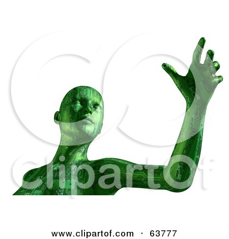 Royalty-Free (RF) Clipart Illustration of a 3d Green Cyber Circuit Woman Curiously Reaching Outward by Tonis Pan