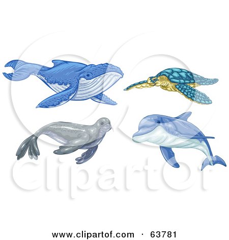 Royalty-Free (RF) Clipart Illustration of a Digital Collage Of Ocean Animals; Whale, Turtle, Seal And Dolphin by Tonis Pan