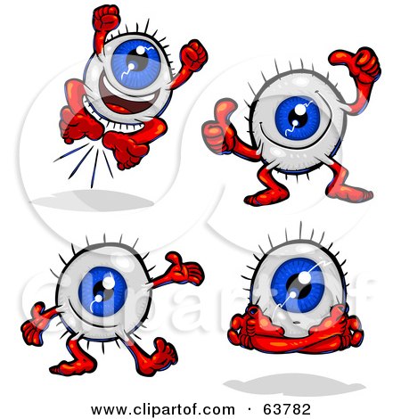 Royalty-Free (RF) Clipart Illustration of a Digital Collage Of A Blue Eyeball Guy Jumping, Giving Two Thumbs Up, Presenting And Meditating by Tonis Pan