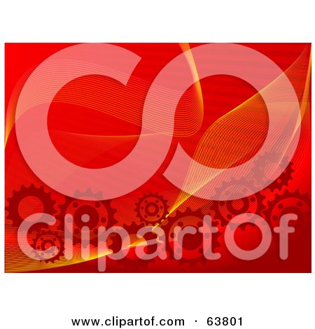Royalty-Free (RF) Clipart Illustration of a Red Gear Cog Background With Yellow Wire Waves by elaineitalia