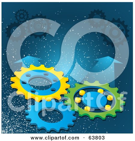 Royalty-Free (RF) Clipart Illustration of Three Turning Cogs On A Sparkly Background With Blue Arrows by elaineitalia