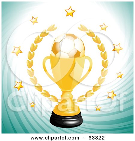 Royalty-Free (RF) Clipart Illustration of a Golden Soccer Trophy Cup With Stars On A Swirly Green Background by elaineitalia