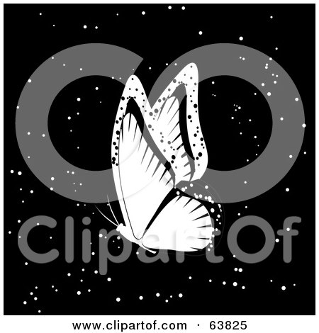 Royalty-Free (RF) Clipart Illustration of a White Flying Butterfly Over Sparkly Blacka by elaineitalia