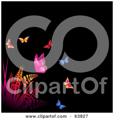 Royalty-Free (RF) Clipart Illustration of a Background Of Colorful Butterflies Over Gradient Plants On Black - Version 2 by elaineitalia