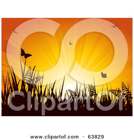 Royalty-Free (RF) Clipart Illustration of an Orange Sunburst Silhouetting Butterflies, Ferns And Grass by elaineitalia