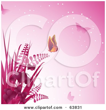 Royalty-Free (RF) Clipart Illustration of a Sparkling Pink Background With Plants And Butterflies by elaineitalia