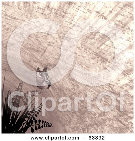 Royalty-Free (RF) Clipart Illustration of a Scratched Grungy Sepia Background Of Plants And A Butterfly by elaineitalia