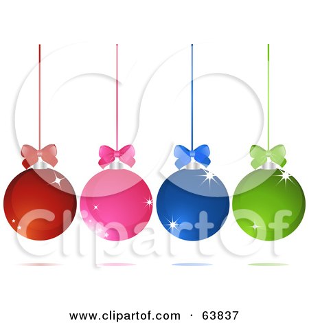Royalty-Free (RF) Clipart Illustration of Four Sparkling Red, Pink, Blue And Green Hanging Christmas Baubles On White by elaineitalia