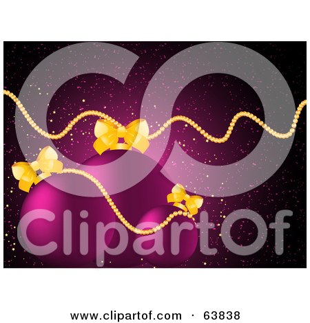 Royalty-Free (RF) Clipart Illustration of Three Golden Bow Topped Purple Christmas Ornaments On A Sparkling Background by elaineitalia