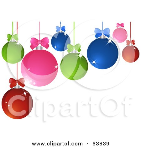 Royalty-Free (RF) Clipart Illustration of Colorful Sparkling Bow Topped Christmas Baubles Over White by elaineitalia