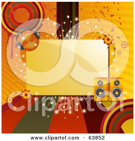 Royalty-Free (RF) Clipart Illustration of a Blank Space Bordered With Colored Lines, Circles, Grunge, Flowers, Speakers And A Disco Ball by elaineitalia
