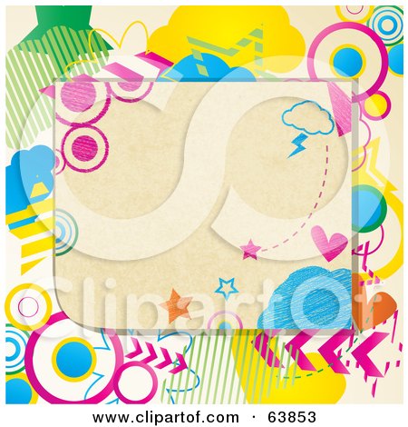 Royalty-Free (RF) Clipart Illustration of a Background Of A Blank Note Surrounded By Colorful Doodles by elaineitalia