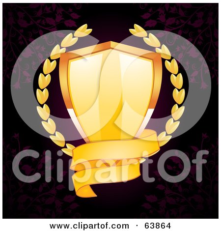 Royalty-Free (RF) Clipart Illustration of a Gold Shield With A Laurel And Blank Banner by elaineitalia