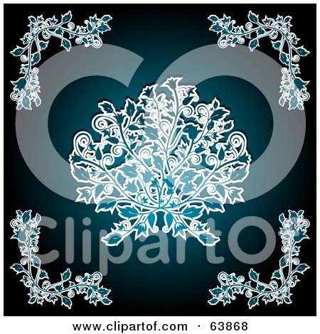 Royalty-Free (RF) Clipart Illustration of a Teal Floral Background With Center And Corner Designs by elaineitalia