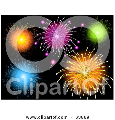 Royalty-Free (RF) Clipart Illustration of Colorful Fireworkds Bursting In A Black Sky by elaineitalia