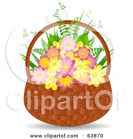 Royalty-Free (RF) Clipart Illustration of Pink And Yellow Flowers With Ferns In A Wicker Basket by elaineitalia