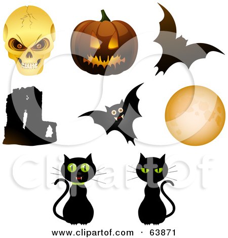 Royalty-Free (RF) Clipart Illustration of a Digital Collage Of Halloween Objects; Skull, Pumpkin, Bats, Cats, Moon And Abbey by elaineitalia