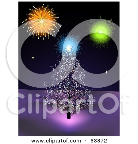 Royalty-Free (RF) Clipart Illustration of Fireworks Over An Outdoors Christmas Tree by elaineitalia