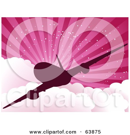 Royalty-Free (RF) Clipart Illustration of a Silhouetted Airplane Against A Sparkling Pink Background With Rays And Clouds by elaineitalia