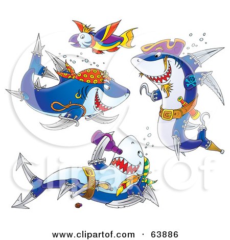 Royalty-Free (RF) Clipart Illustration of a Group Of Three Pirate Sharks And A Parrot Fish by Alex Bannykh