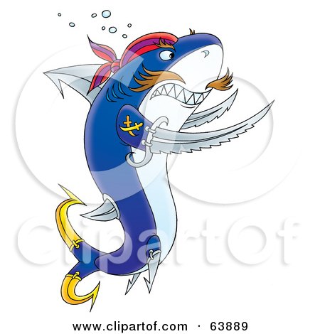 Royalty-Free (RF) Clipart Illustration of a Tough Pirate Shark With Swords And Hooks by Alex Bannykh