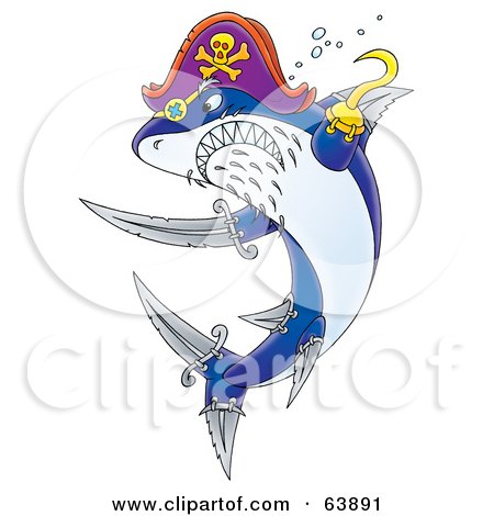 Royalty-Free (RF) Clipart Illustration of a Tough Pirate Shark With Hook And Sword Fins by Alex Bannykh