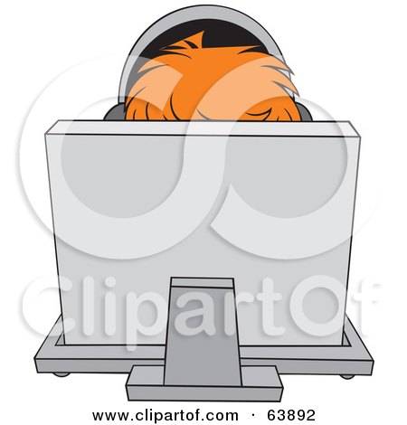 Royalty-Free (RF) Clipart Illustration of a Red Haired Person Wearing Headphones Behind A Computer by Alex Bannykh