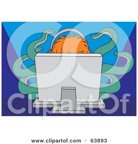 Royalty-Free (RF) Clipart Illustration of a Red Haired Person Wearing Headphones Behind A Computer, With Green Tentacles by Alex Bannykh